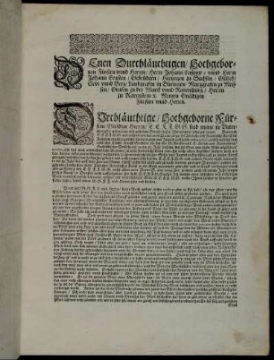 Denen Durchläuchtigen/ Hochgebornen Fürsten und Herren/ Herrn Johann Casimir/ unnd Herrn Johann Ernsten/ Gebrüdern/ Hertzogen zu Sachsen/ [...]