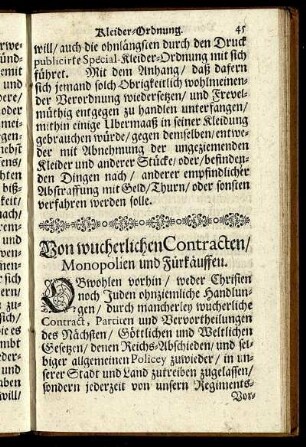 Von wucherlichen Contracten / Monopolien und Fürkäuffen.