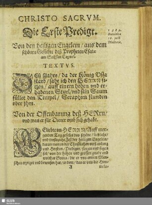Die Erste Predigt. Von den heiligen Engelein, aus dem schönen Gesichte deß Propheten Esaiae am Sechsten Capitel