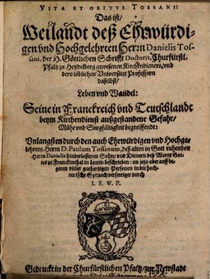 Vitae et obitu Dan. Tossani ... narratio