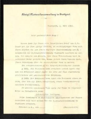 Brief von Lampert (Königliche Naturaliensammlung) an Kopp