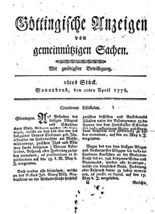 16tes Stück. Sonnabend, den 20ten April 1776.