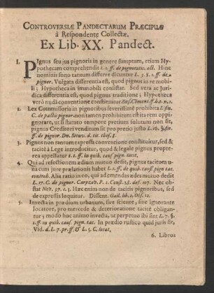 Controversiae Pandectarum Praecipuae a Respondente Collectae. Ex Lib. XX. Pandect.