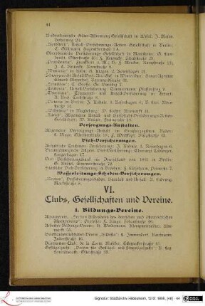 VI. Clubs, Gesellschaften und Vereine.
