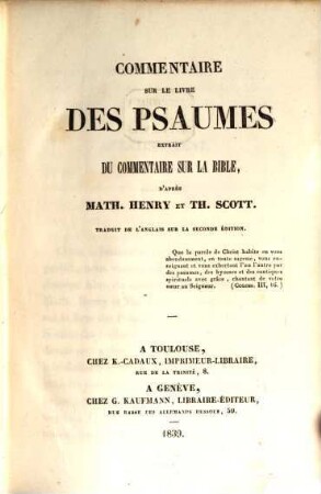 Commentaire sur le livre des Psaumes : extrait du Commentaire sur la Bible, 1 (1839)