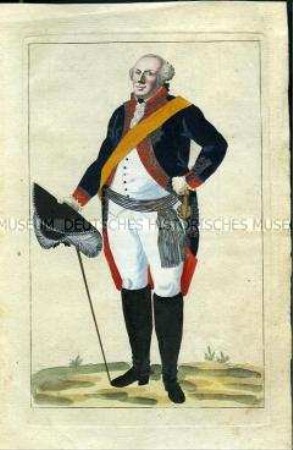 Uniformdarstellung, Porträt, Friedrich Wilhelm II in Uniform, Königreich Preußen, 1789, Tafel aus: Horvath: Preussische Armee-Uniformen unter der Regierung Friedrich Wilhelm II.