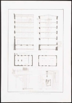 Magazingebäude des Herrn Hirschfeld, Berlin: Grundrisse, Schnitte, Details (aus: Architektonisches Album, Bd. 1, H.1, hrsg.v. Stüler, Knoblauch, Salzenberg, Strack, Runge, Potsdam 1838)