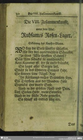Die VIII. Zusammenkunfft, unter dem Titul: Ruhsames Rosen-Lager