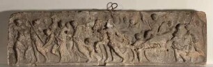 Triumphzug eines auf dem Wagen sitzenden bärtigen römischen Kaisers oder Feldherrn mit gefangenen östlichen Barbaren nach links