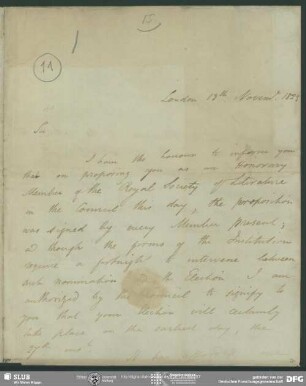 Eigenh. Brief von William Jerdan an August Wilhelm von Schlegel, London, 13.11.1823
