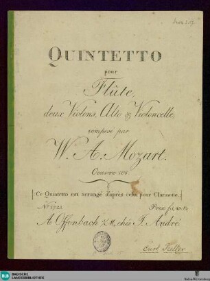 Quintetto pour flûte, deux violons, alto & violoncelle : Oeuvre 108; (ce quintetto est arrangé celui pour clarinette)