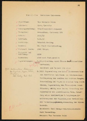 Deutsches Opernhaus (auch: Städtische Oper), Berlin: Schriftstück zum Fragebogen für das Handbuch »Das Deutsche Theater«
