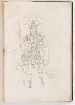 Krieger in prunkvollem Harnisch mit Schild und Stab, in einem Band mit Antikischen Figurinen und Pferdedekorationen, Bl. 21