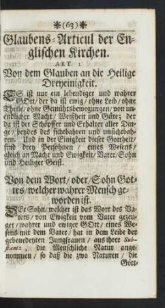 Glaubens-Articul der Englischen Kirchen.
