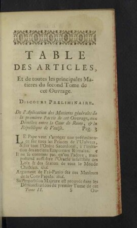 Table des Articles [Tome Second.]