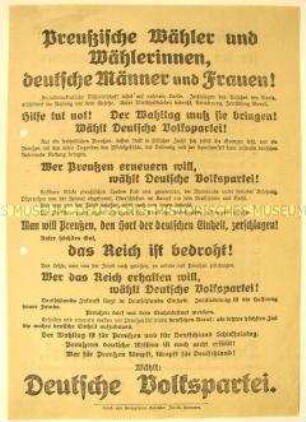 Gegen die Sozialdemokratie gerichteter programmatischer Wahlaufruf der Deutschen Volkspartei anlässlich der Preußenwahl