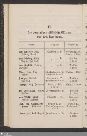 II. Die vormaligen aktiven Offiziere des 107. Regiments