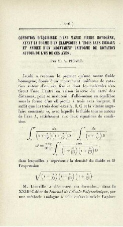 Condition d'équilibre d'une masse fluide homogène, ayant la forme d'un ellipsoide a trois axes inégaux et animée d'un mouvement uniforme de rotation autour de l'un de ces axes.