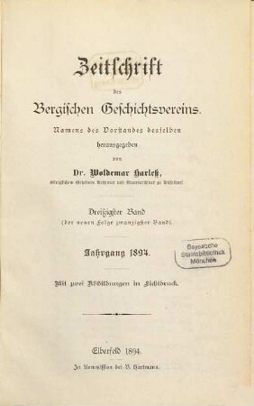 Zeitschrift des Bergischen Geschichtsvereins : ZBGV. 30 = N.F., Bd. 20. 1894