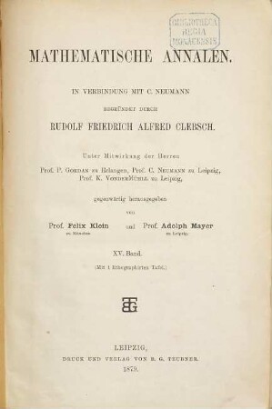 Mathematische Annalen. 15, 15. 1879