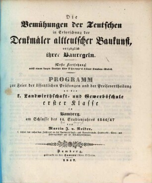 Die Bemühungen der Deutschen in Erforschung der Denkmäler altdeutscher Baukunst, vorzüglich ihrer Bauregeln, [2]. 1. Fortsetzung : nebst einem kurzen Berichte über Schropp's Kölner Dombau-Modell