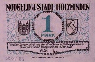 Notgeld der Stadt Holzminden 1922 1 Mark (Ausmarsch)
