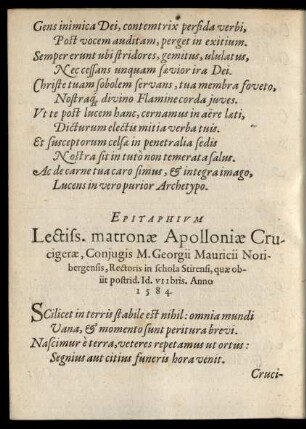 Epitaphium Lectiss. matronae Apolloniae Crucigerae ...