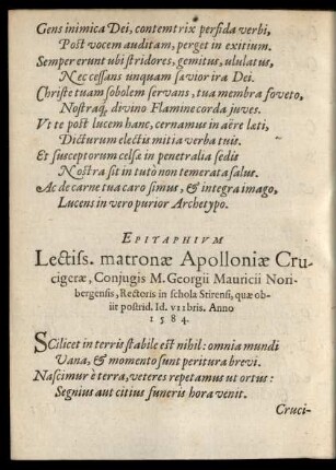Epitaphium Lectiss. matronae Apolloniae Crucigerae ...