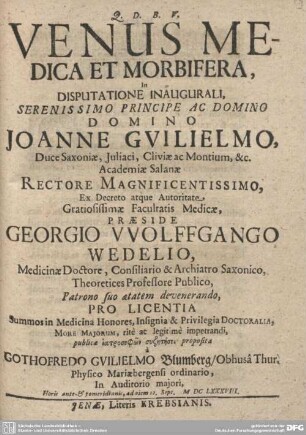 Venus Medica Et Morbifera, In Disputatione Inaugurali