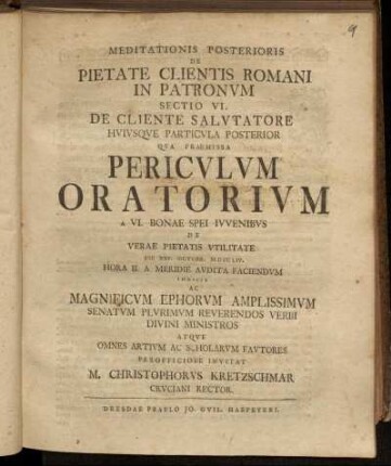 2,6,2: Meditationis Posterioris De Pietate Clientis Romani In Patronvm Sectio VI.. . De Cliente Salvtatore Hvivsqve Particula Posterior.