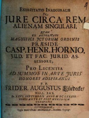 Exercitatio Inauguralis De Jure Circa Rem Alienam Singulari