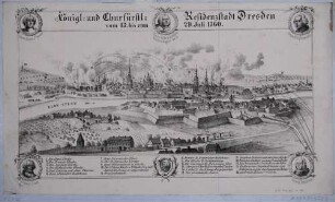 Dresden während der Belagerung und Bombardierung durch die preußische Armee im 7-jährigen Krieg im Juli 1760 von Norden mit brennenden Häusern und Kanonenflugbahnen, im Rahmen fünf Herrscherporträts, sächsisches Wappen und Legende