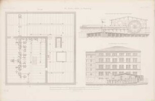 Rother-Mühle, Bromberg: Grundriss Dach, Ansicht von der Wasserseite, Schnitt C D (aus: Atlas zur Zeitschrift für Bauwesen, hrsg. v. G. Erbkam, Jg. 5, 1855)