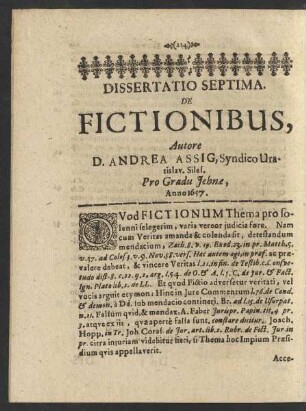 Dissertatio Septima. De Fictionibus