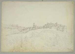 Stadtansicht von Hohnstein in der Sächsischen Schweiz mit Kirche und Burg von Westen