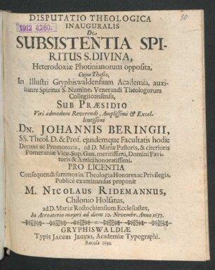 Disputatio Theologica Inauguralis De Subsistentia Spiritus S. Divina