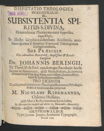 Disputatio Theologica Inauguralis De Subsistentia Spiritus S. Divina