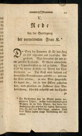 59-72, V. Rede bey der Beerdigung der verwitweten Frau K.; VI. Rede bey der Beerdigung der verwitweten Frau B.