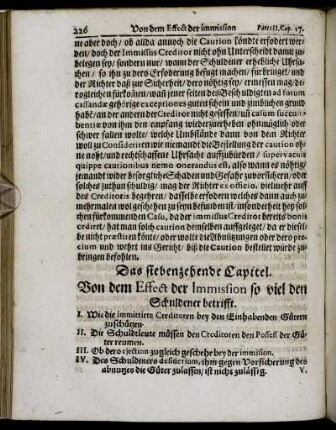 Das siebenzehende Capitel. Von dem Effect der Immission so viel den Schuldner betrifft.