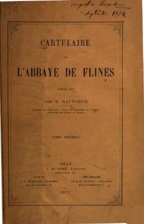 Cartulaire de l'abbaye de Flines : Publié par E. Hautcoeur. 1