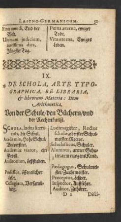 IX. De Schola, Arte Typographica, Re Libraria, & librorum Materiae: Item Arithmetica, Von der Schule/ den Büchern/ vnd der Rechenkunst.