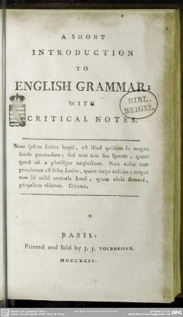 A Short Introduction To English Grammar: With Critical Notes