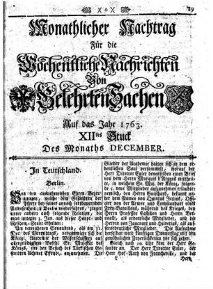 Monathlicher Nachtrag [...] Auf das Jahr 1763. XIItes Stuck Des Monaths December