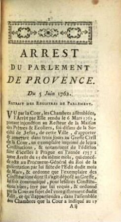 Arrest Du Parlement De Provence : Du 5 Juin 1762