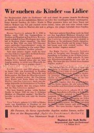 Aufruf des Magistrats von Berlin zur Suche nach Kindern aus Lidice, die von den Nazis verschleppt wurden