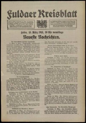 Erste Ausgabe vom Samstag, den 13. März 1915.