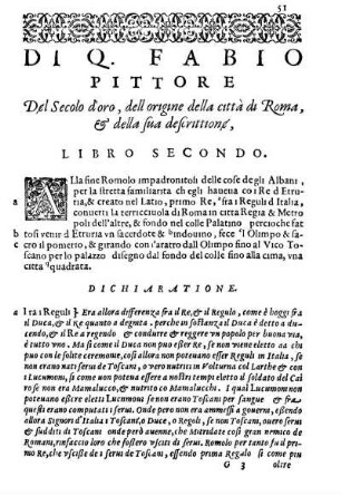 Di Q. Fabio Pittore Del Secolo d'oro, dell origine della città di Roma, & della sua descrittione, Libro Secondo.