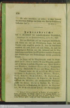 Jahresbericht des 1. Secretairs der naturforschenden Gesellschaft, vorgetragen bei der Hauptversammlung am 8. Oct. 1847