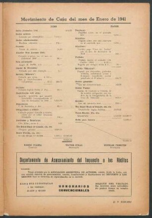 Movimiento de Caja del mes de Enero de 1941