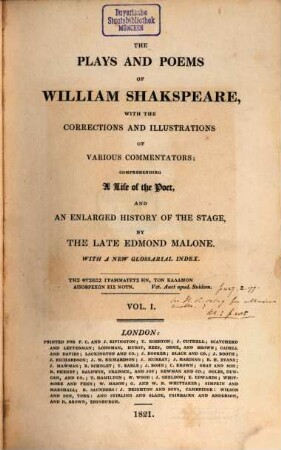 The plays and poems of William Shakspeare : With a new glossarial index, 1. Prolegomena. - LXXVI, 585 S. : 1 Portr.